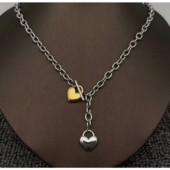 18K Golden Ss Two Tone Heart Charm Y-Neck Chain Necklace - Picture 1 of 3